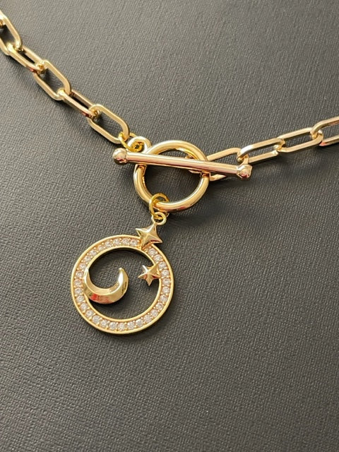 Half Moon and Star Necklace with Rhinestones